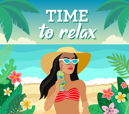 tropical look. holiday in an exotic country. summer sale banner. palm trees, beach, plants. vector illustrationのイラスト素材