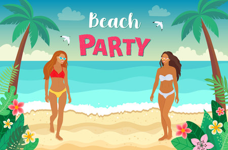 tropical look. holiday in an exotic country. summer sale banner. palm trees, beach, plants. vector illustrationのイラスト素材