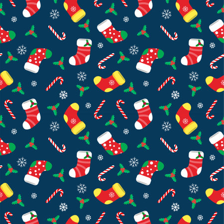 seamless christmas pattern template in cartoon style with christmas candies, gifts, holly leaves and bells. for wrapping paper, textile, themed decorのイラスト素材