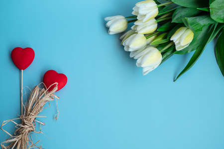 Bouquet of flowers and on the blue backgroundの写真素材