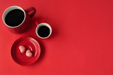 Red coffee mugs with two pink chocolate