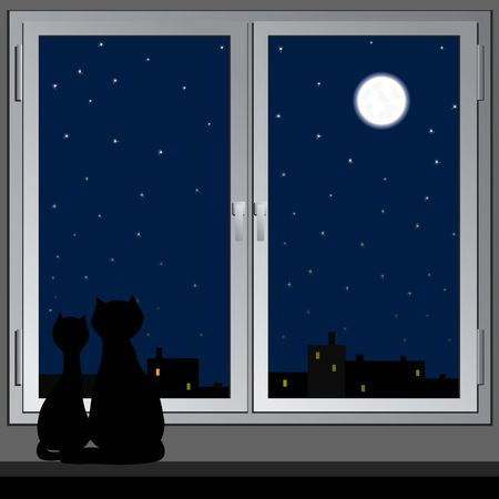 Cats look at a night city.のイラスト素材