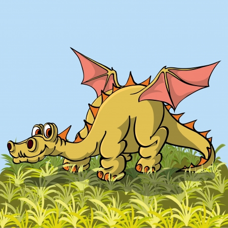 Brontosaurus with wings posuschiysya peacefully on the grass のイラスト素材