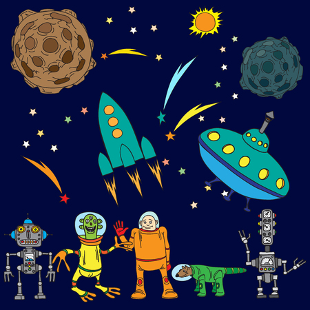 The various space objects, the astronauts, aliens.のイラスト素材