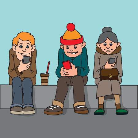 Young people and middle-aged woman isolated. Sit on the bench. Attention to each other do not pay. Listen to music, chatting on the Internet.のイラスト素材