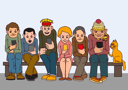 Young people isolated. Sit on the bench. Attention to each other do not pay. Listen to music, chatting on the Internet.のイラスト素材