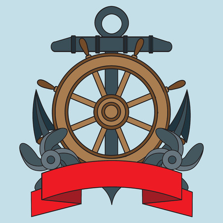 Icon on the sea theme. Lifebuoy, Anchor, Steering wheel, Wriggling ribbon for inscription. Vector illustrationのイラスト素材