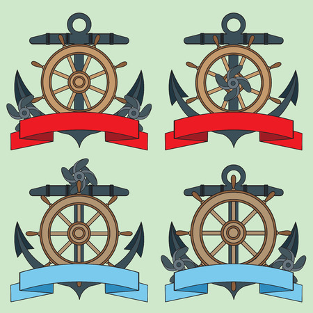 Icon on the sea theme. Lifebuoy, Anchor, Steering wheel, Wriggling ribbon for inscription. Vector illustrationのイラスト素材
