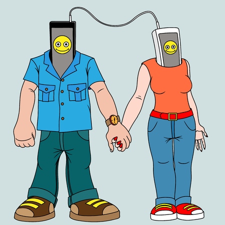 A pair of young people with gadgets. Man and woman with phone instead of goals. Phones for them are the most important. Vector illustration.のイラスト素材