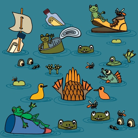 Summer pond with frogs, fish and flowers. Vector illustration.のイラスト素材