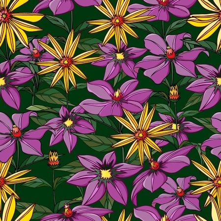 Seamless pattern composed of flowers of lilies. Light green background. Vector illustration.のイラスト素材