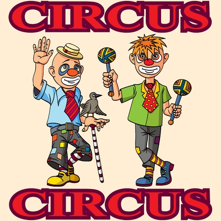 Funny cartoon circus clowns. Cheerful joyful performance. Vector illustration.のイラスト素材