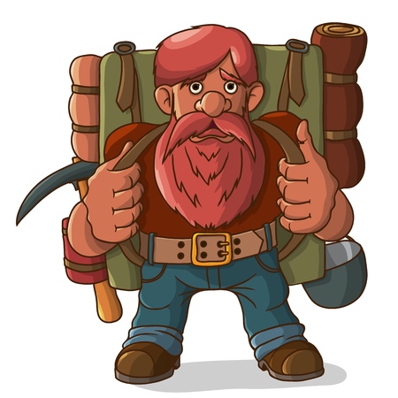 Gnome with a backpack and ammunition. Ready for a hike and adventure. Vector illustration.のイラスト素材