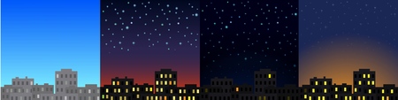 Morning, afternoon, evening and night city landscape, city buildings at different times. Vector illustration.のイラスト素材