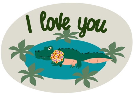Lettering. I love you. The phrase expressing the idea. The little crocodile tries to illustrate the words. Vector illustration.のイラスト素材
