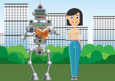 Man and robot are reading books. The robot prefers old books on paper. Vector illustration.のイラスト素材