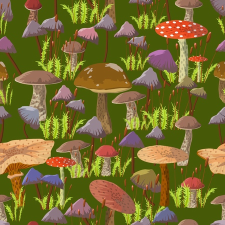 Bright fairytale forest, old stump overgrown with mushrooms and moss. Vector illustration.のイラスト素材