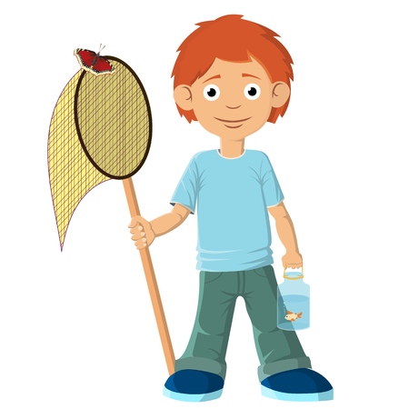 The boy caught a fish with a net. Put it in the jar and carries it home. Vector illustrationのイラスト素材