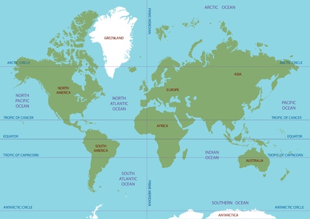 Vector map of the world. Oceans and continents on a flat projection. The globe on the plane. Vector illustrationのイラスト素材