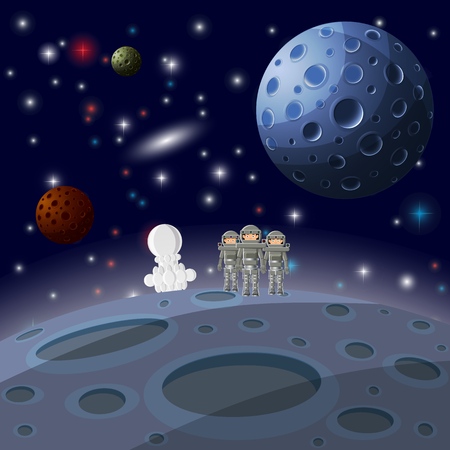 Space background. Asteroids and stars. Astronaut on a distant planet. Vector illustrationのイラスト素材