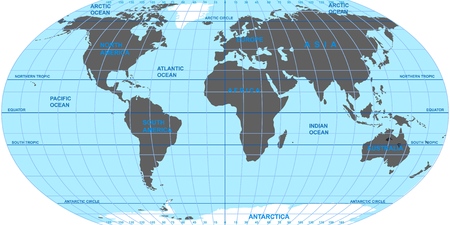 Vector map of the world. Oceans and continents on a flat projection. The globe on the plane. Vector illustrationのイラスト素材
