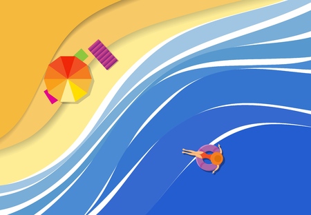 Sea coast, a beach from warm light sand. Parasol, rest on the shore of the warm sea. Vector illustration.のイラスト素材