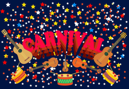 Happy holiday, carnival. Music festival, masquerade flyer. Joy, dancing and fireworks. Vector illustration.のイラスト素材