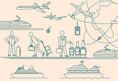 Airport, passenger terminal and waiting room. International arrival of departure background. Vector illustration.のイラスト素材