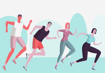Run training. Men and women train on a summer day in nature. Vector illustration.のイラスト素材