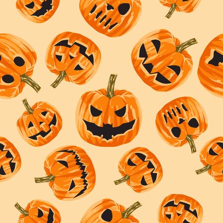 Seamless pattern of scary big-eyed and toothy pumpkins. A holiday for which pumpkins are made of scary symbols of fear and horror. Big teeth and eyes are carved in a pumpkin. Seamless illustration.のイラスト素材