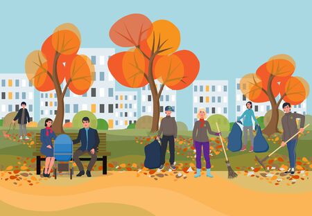 Young people collect plastic trash. Uncultured people throw bottles, spoons, forks, plates. The struggle for purity of nature and ecology is the business of young and energetic girls and guys.のイラスト素材