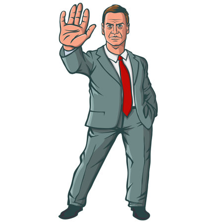 Vector illustration character portrait of businessman, raising hand, palm stretch forwards, body language saying no, stop, or negative expression emotion.のイラスト素材