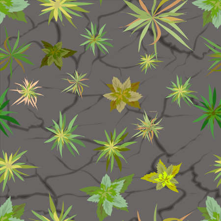 Abstract pattern of plants breaking through the asphalt. Flowers and grass in the cracks on the asphalt. Warm summer sunny day. Vector illustration seamless.のイラスト素材