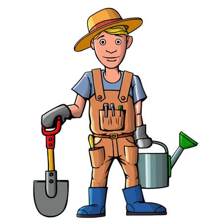 A young man with a shovel and a watering can works in the garden. Working outdoors is good for your health. Vector illustration.のイラスト素材