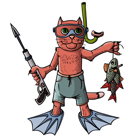 The cat diver catches fish. Dives, uses fins. vector illustrationのイラスト素材