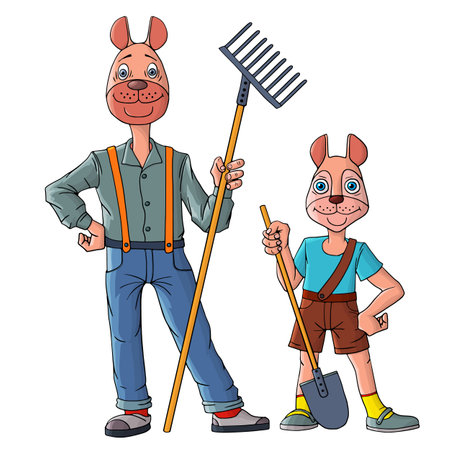 A young man with a shovel and a watering can works in the garden. Working outdoors is good for your health. Vector illustration.のイラスト素材