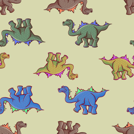 Seamless pattern of funny, cute, winged dinosaurs on a colored background. Prehistoric reptiles. Jurassic period. Vector illustration. Seamlessのイラスト素材
