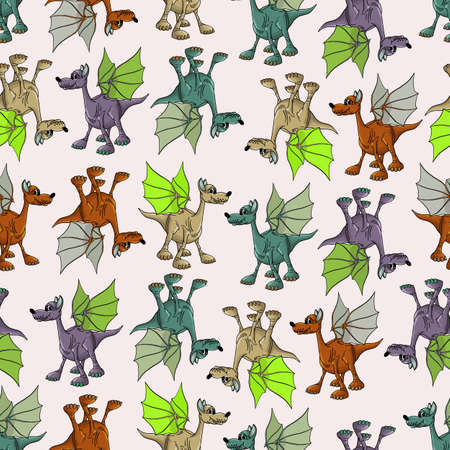 Seamless pattern of funny, cute, winged dinosaurs on a colored background. Prehistoric reptiles. Jurassic period. Vector illustration. Seamlessの写真素材