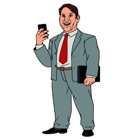 Vector illustration character portrait of businessman. Vector illustrationVector illustration character portrait of a businessman, raising his hand, which squeezes a smartphone.のイラスト素材