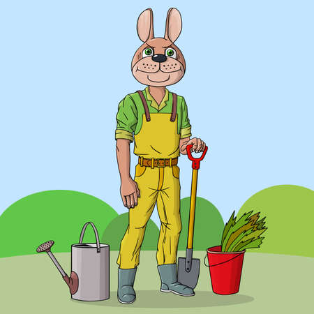 The rabbit is working in the garden. Grows carrots and various vegetables. Vector illustration.のイラスト素材