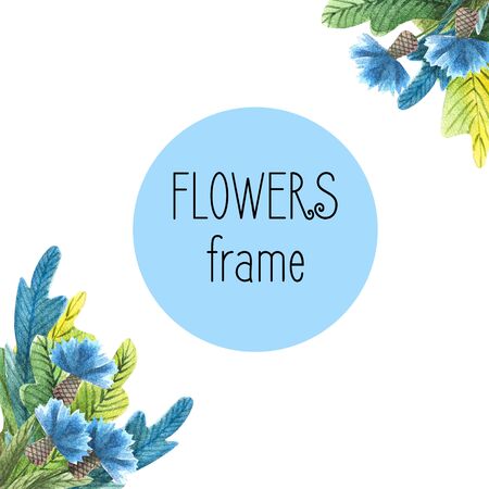 Hand-drawn watercolor square frame with meadow small flowers and herbs on white background. Design for cards, invitations, flyers.のeditorial素材