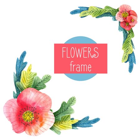 Hand-drawn watercolor square frame with meadow small flowers and herbs on white background. Design for cards, invitations, flyers. の写真素材