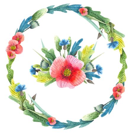 Hand-drawn watercolor square frame with meadow small flowers and herbs on white background. Design for cards, invitations, flyers. の写真素材