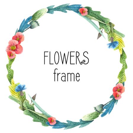 Hand-drawn watercolor square frame with meadow small flowers and herbs on white background. Design for cards, invitations, flyers. の写真素材