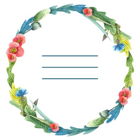 Hand-drawn watercolor square frame with meadow small flowers and herbs on white background. Design for cards, invitations, flyers. の写真素材