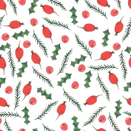 seamless pattern with watercolor New Year symbols of the year, berries, twigs. On an isolated white backgroundの写真素材