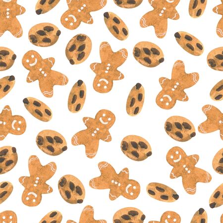 Seamless pattern of cute watercolor gingerbread. Chocolate chip cookies. Christmas gingerbread cookies. Hand drawn watercolor painting isolated on white background.の写真素材