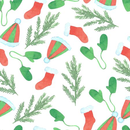 seamless pattern with watercolor New Year sweets, symbols of the year, branch. On an isolated white backgroundの写真素材