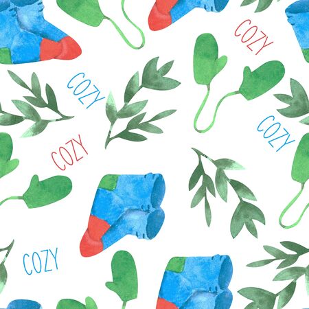 seamless pattern with watercolor New Year symbols of the year, twigs, cookies. On an isolated white backgroundの写真素材