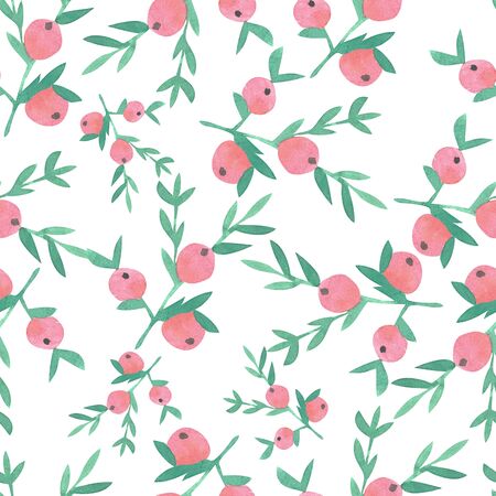 Seamless watercolor pattern with Christmas pattern with a branch with berries. On a white isolated background.の写真素材